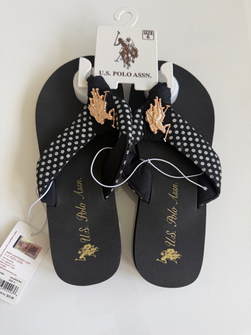 U.S. Polo Assn. Black Polka Dot Thong Sandals with Gold Logo Accent